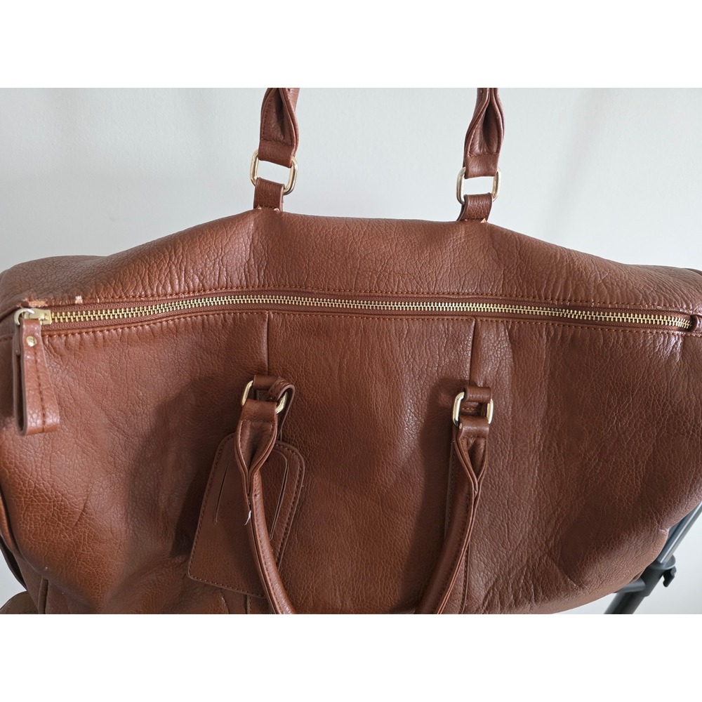 Sole Society Cassi Cognac Brown Vegan Leather Weekender Duffel Bag Leopard Lined - Picture 7 of 13